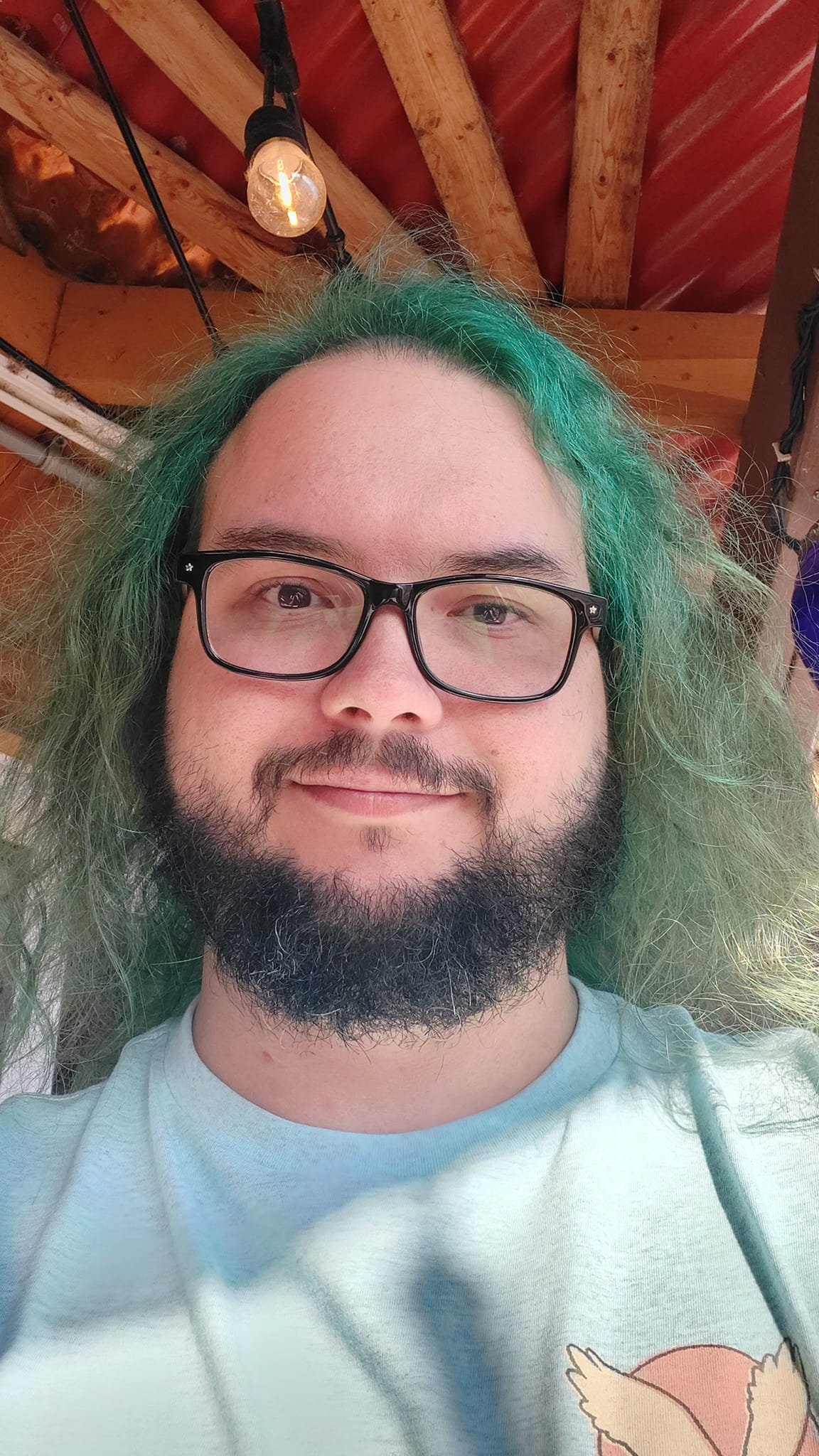 A man with green hair is sitting on a patio in the sunlight, Photo 1